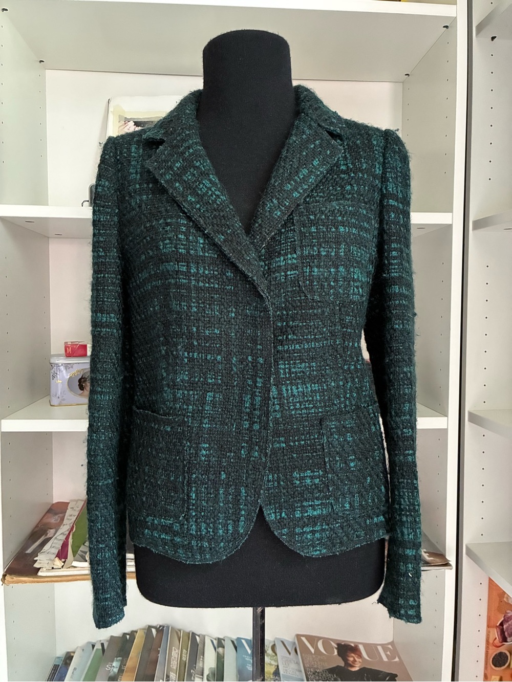 PRADA Women's Teal & Black Tweed Blazer Jacket